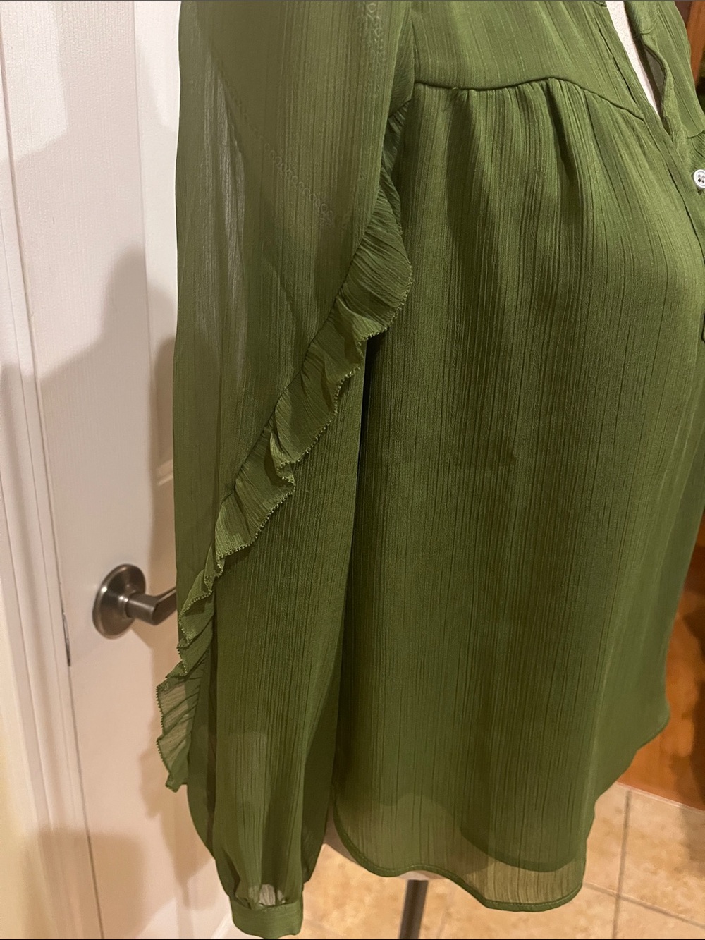 LOFT Olive Green Ruffle-Trim Blouse - Picture 3 of 5